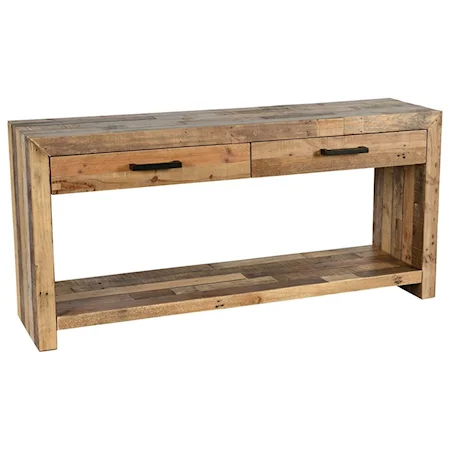 Transitional Solid Pine Wood Sofa Table with Shelf, Two Drawers, and Metal Handles